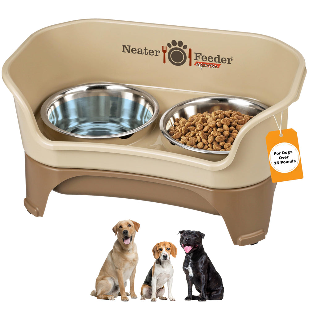 Neater Feeder Express cappuccino top view highlights spill-proof design for tidy feeding areas.