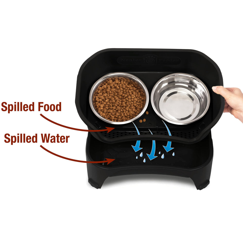 Neater Feeder Express catch basin demonstrates water drainage away from floors.