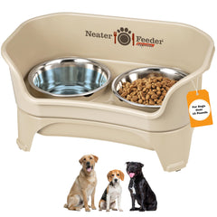 Neater Feeder Express elevated stand in almond reduces spills during meals.
