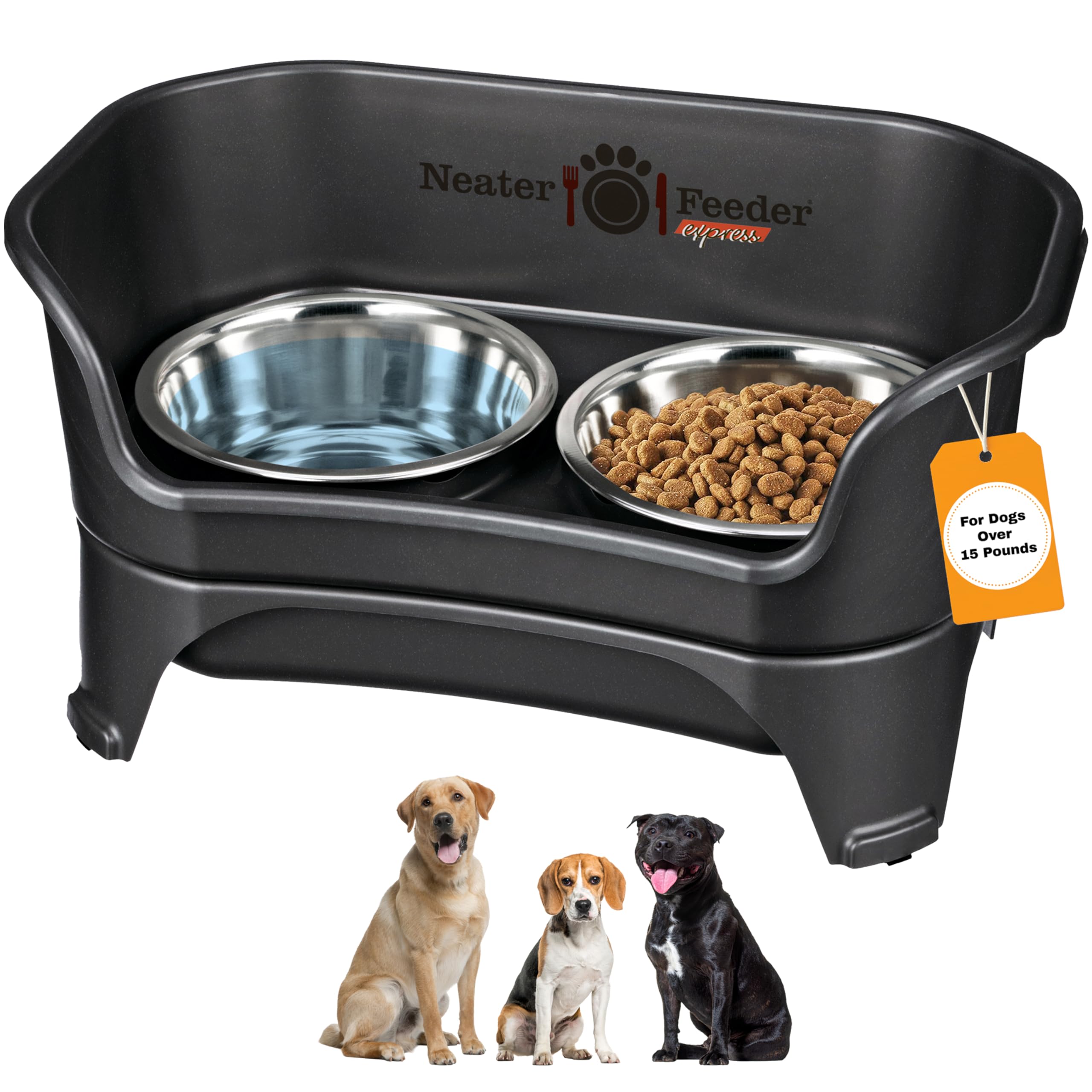 Neater Feeder Express front view shows elevated bowls for mess-free feeding at home.