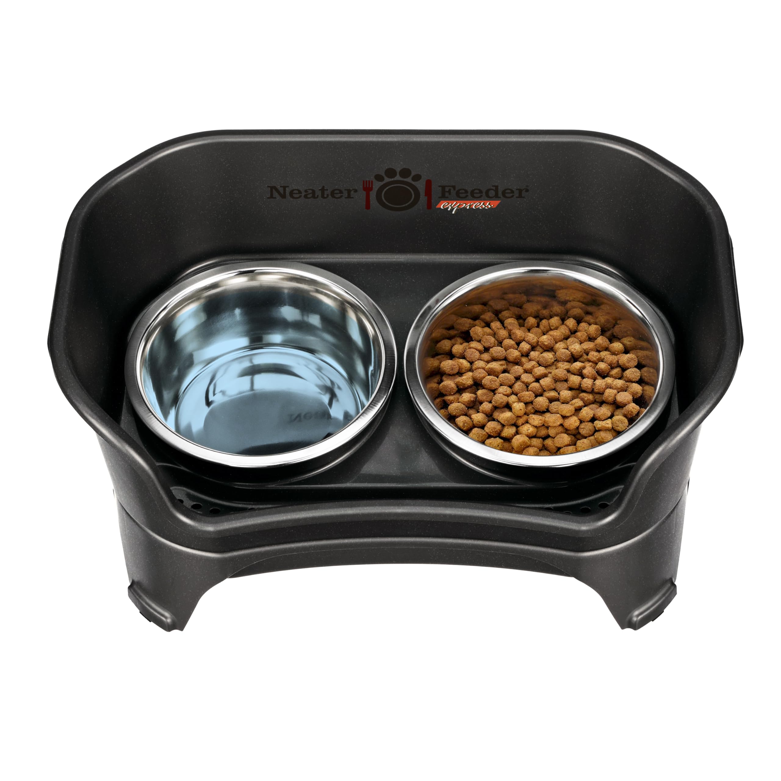 Neater Feeder Express in-use setup shows elevated design reducing neck strain for dogs.