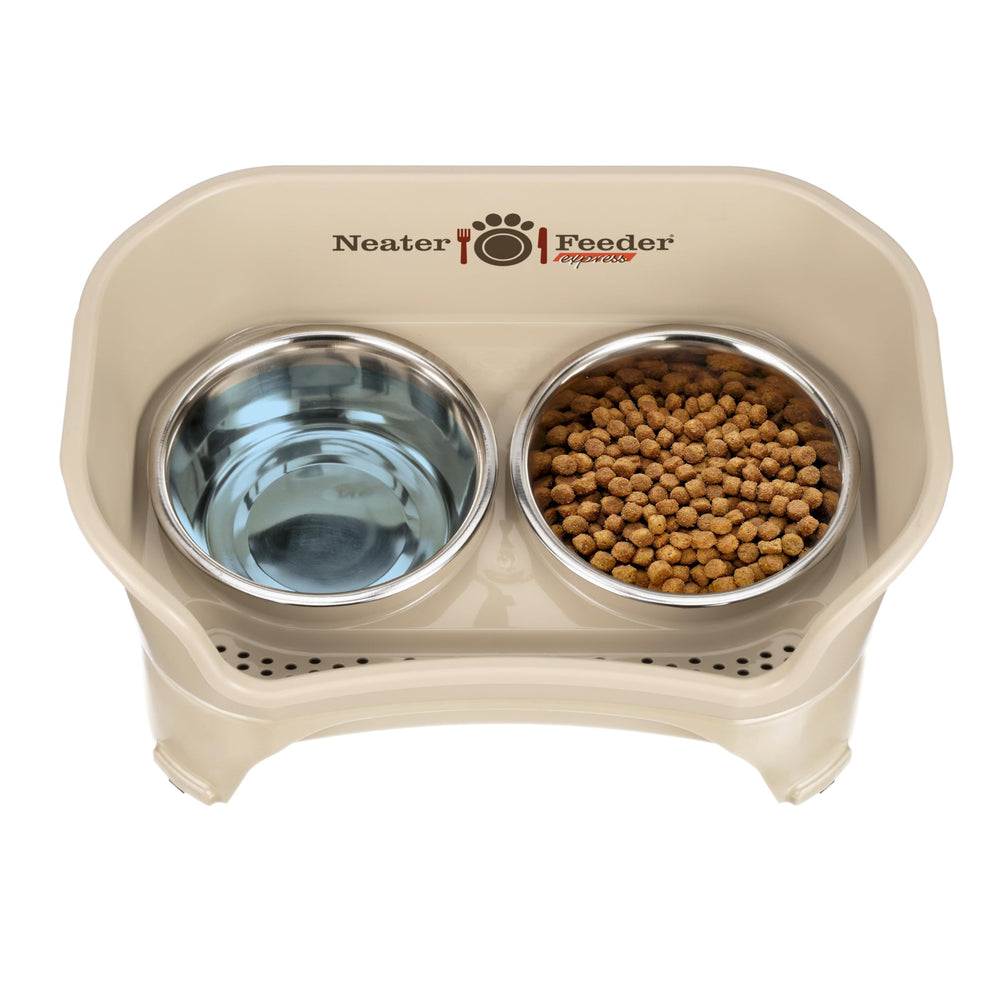 Neater Feeder Express elevates feeding while capturing spills and pests.