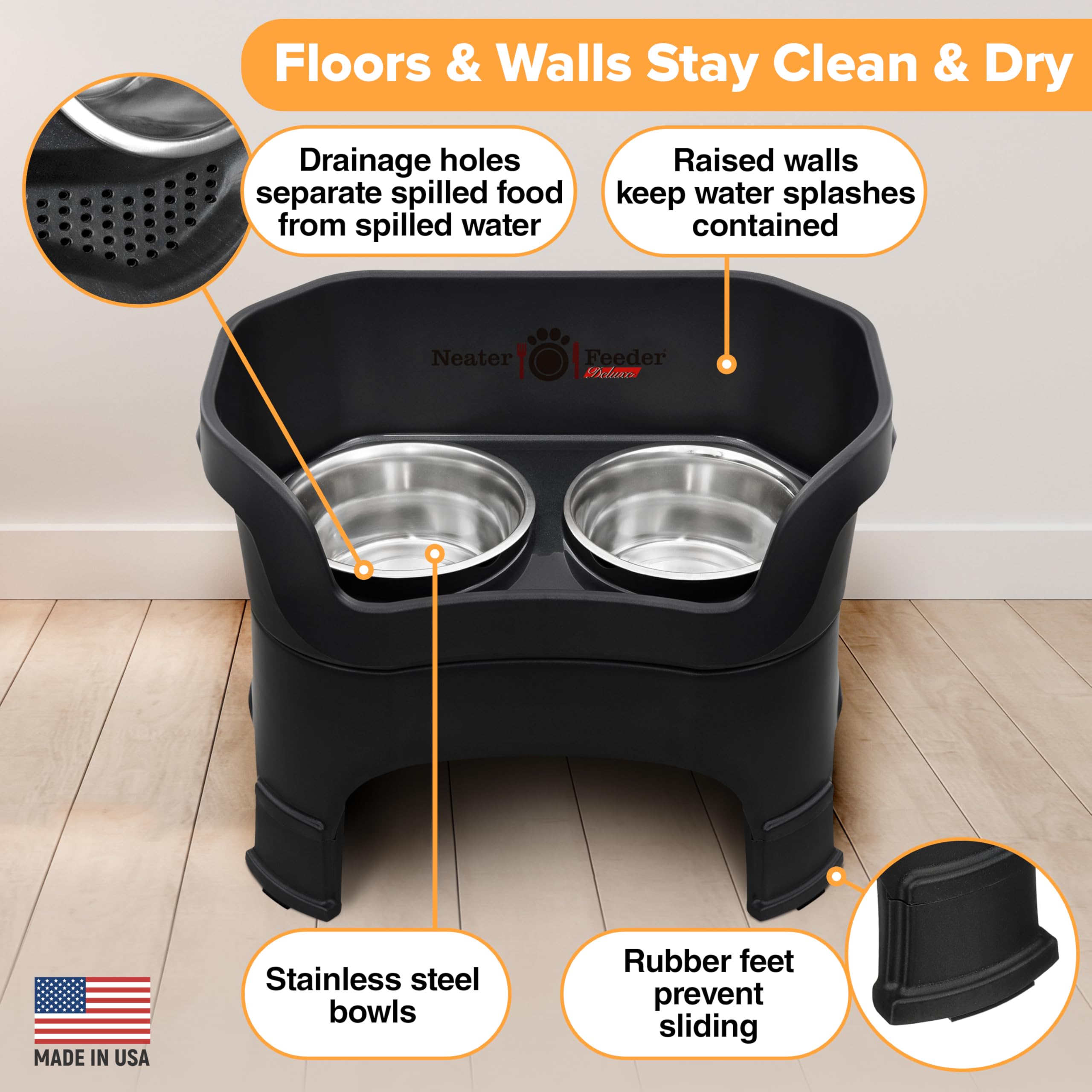 Neater Feeder spill-proof walls prevent drips during meals.