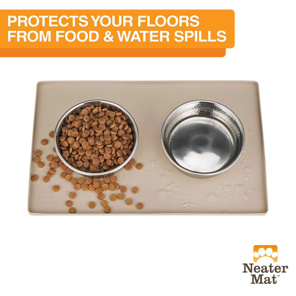 Neater Mat raised-edge Cappuccino contains liquids around two bowls.