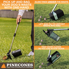 One-handed cleanup with Lift N’ Bag on grass surface.
