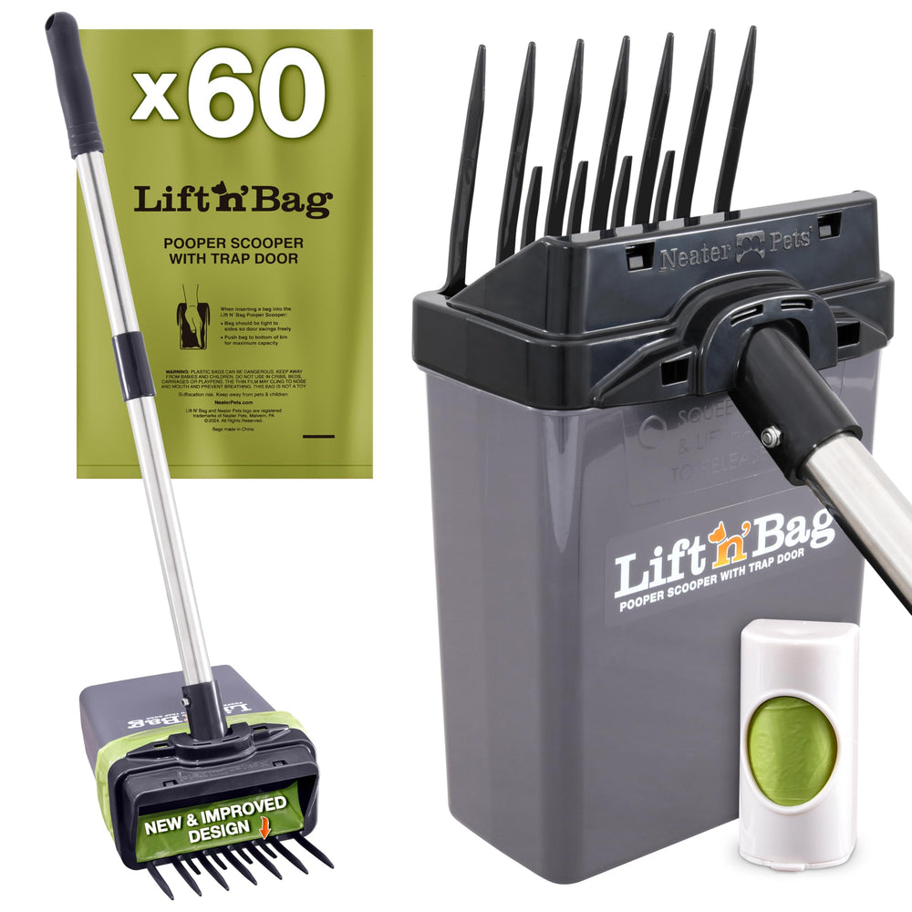 Neater Pet Brands Lift N’ Bag 2.0 scoop in yard for clean, one-handed pickup.