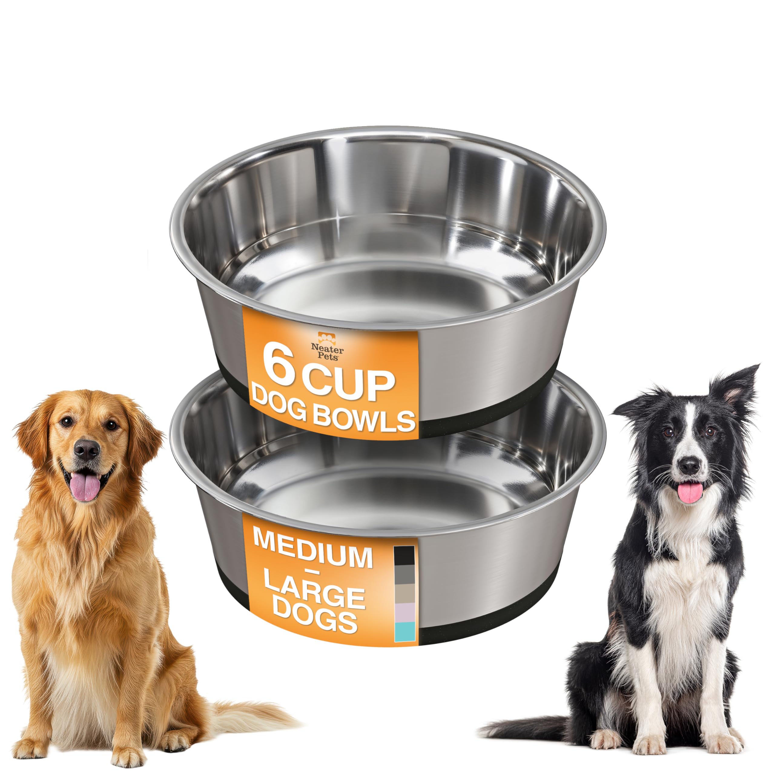 Neater Pet Brands non-slip base stainless steel dog bowls prevent spills on hard floors.