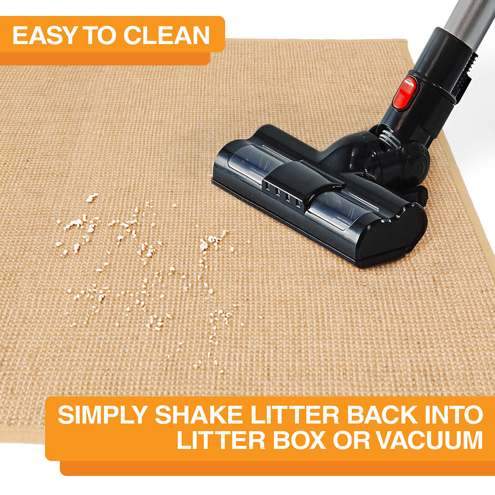 Neater Pets jute mat in use under a litter box on tiles