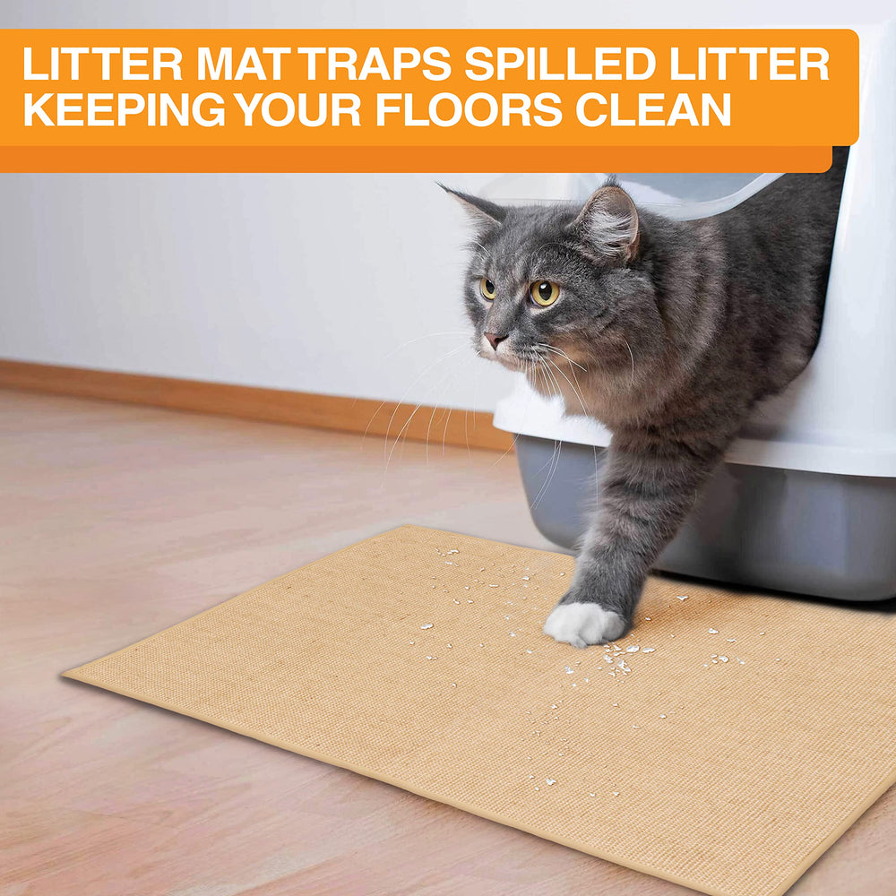 Neater Pets jute mat with non-skid backing stays in place on hardwood floors