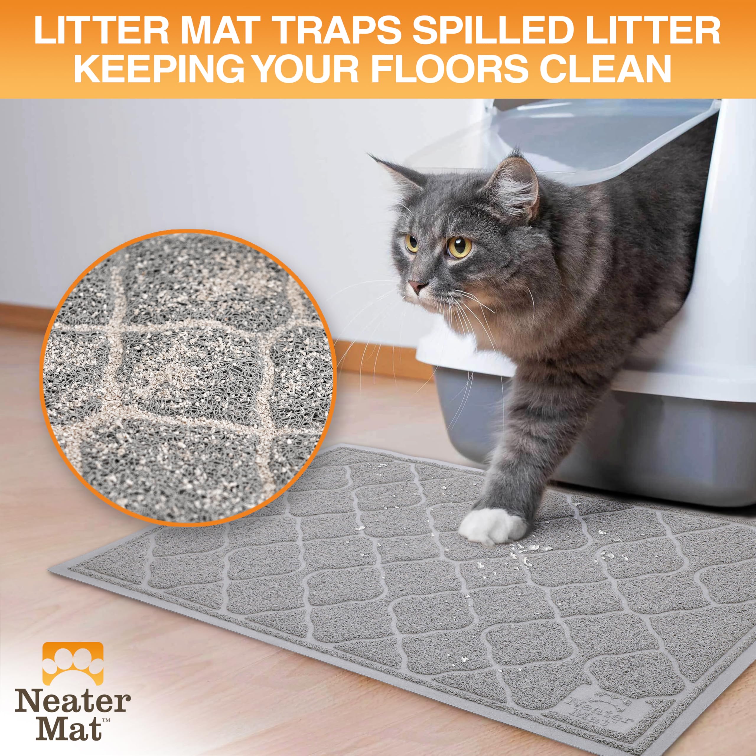 Neater Pets Neater Mat deep grooves trap kicked litter for tidy floors.