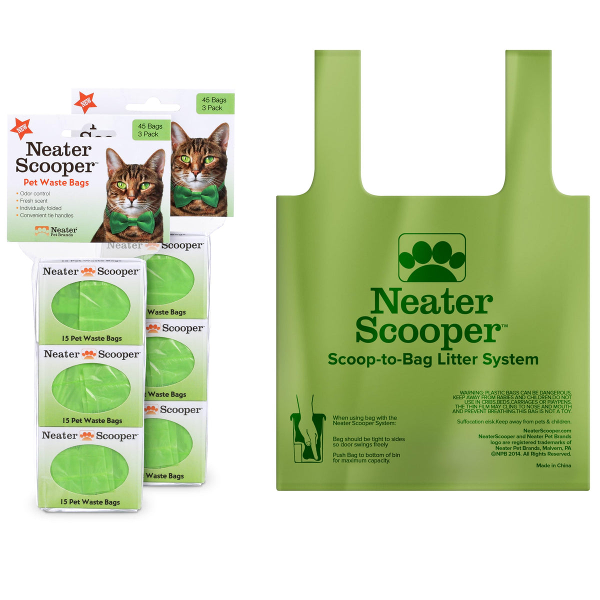 Neater Pets Neater Scooper refill bags packaging shows convenient waste disposal.