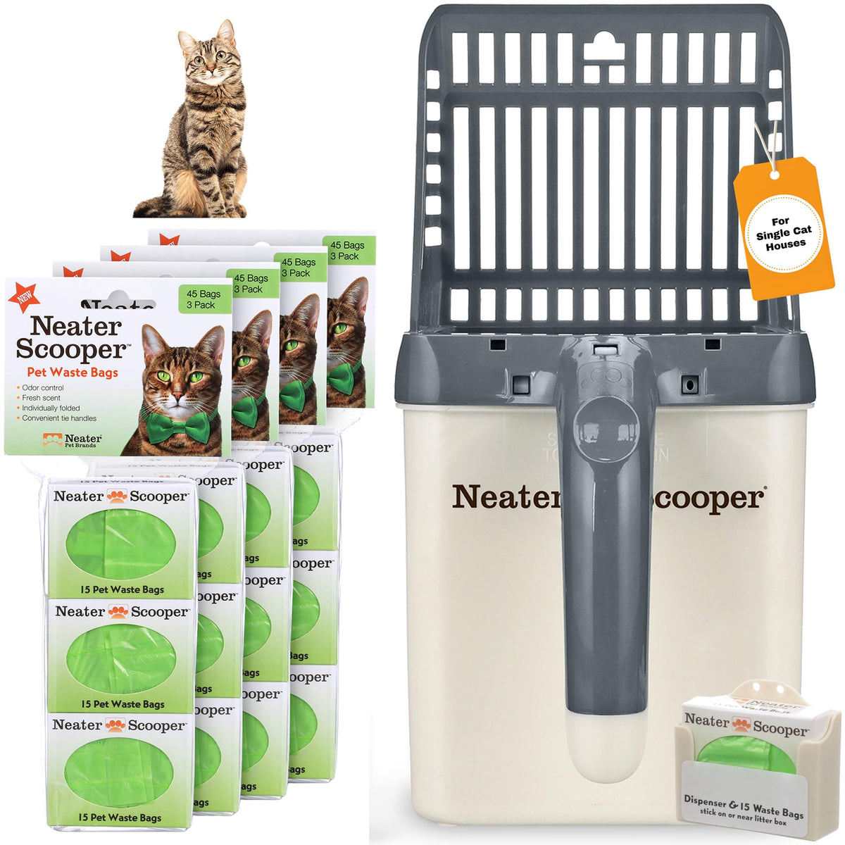 Neater Scooper bin closed shows mess-free setup for a single-cat home.