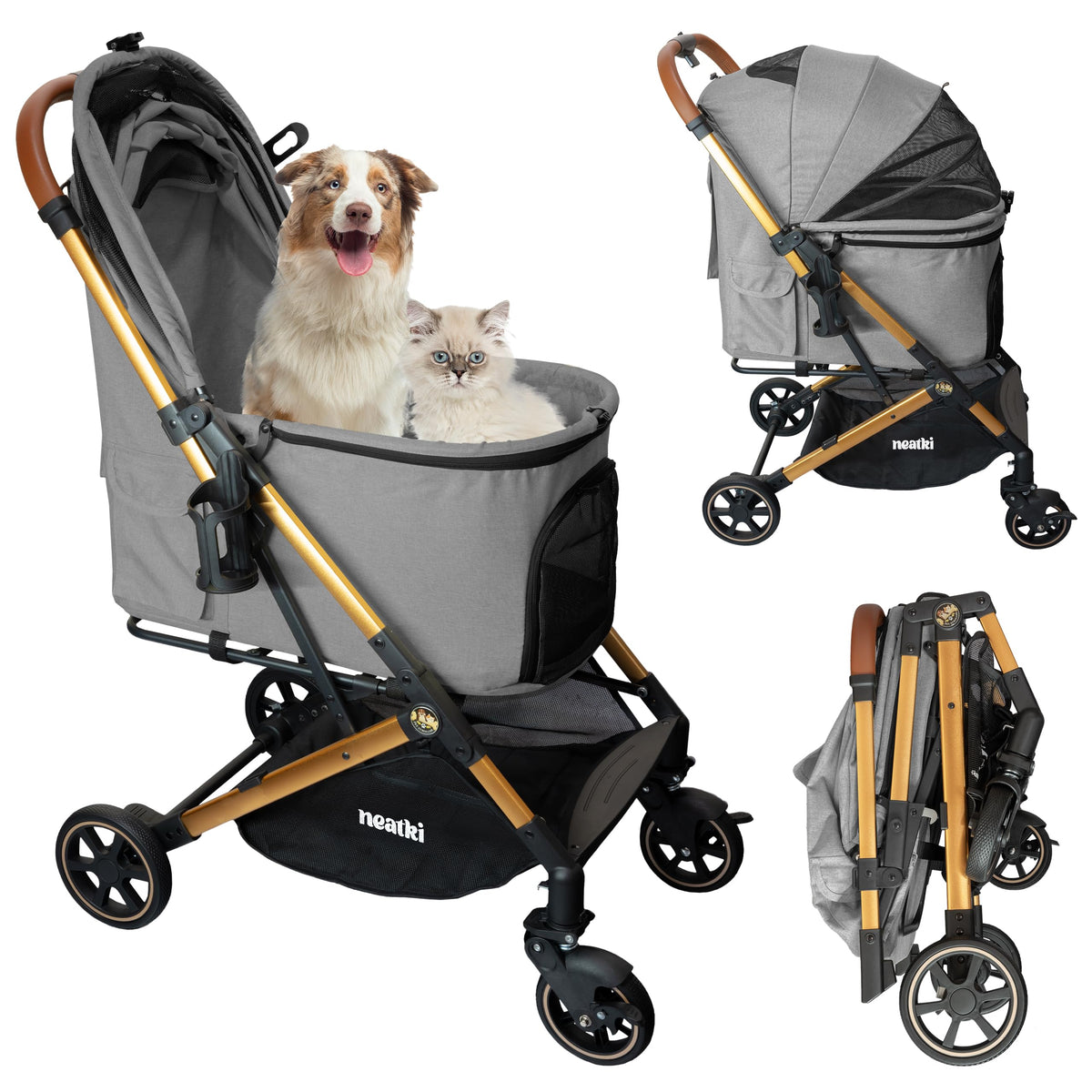 Neatki foldable pet stroller gray front view highlighting easy urban navigation