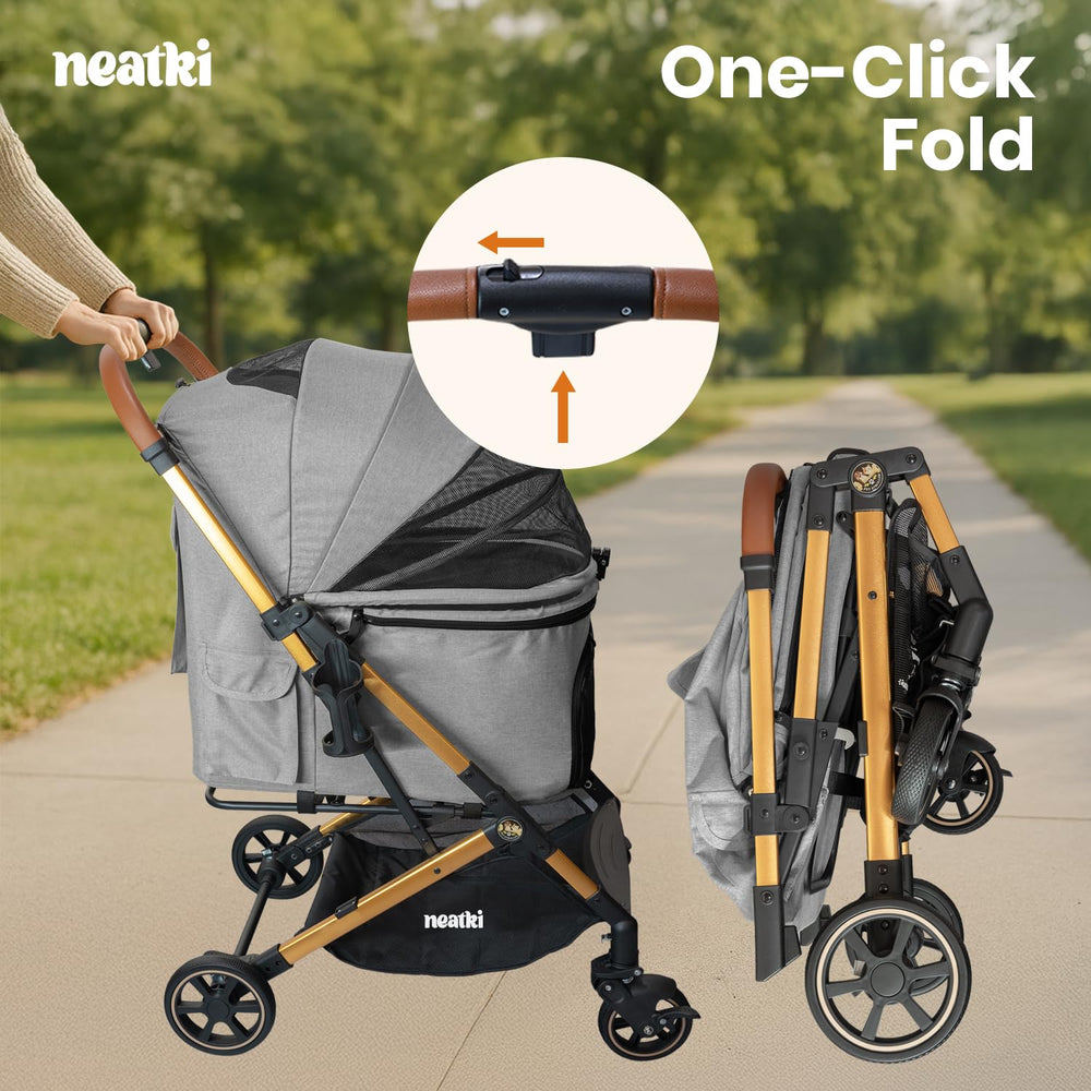 Neatki foldable pet stroller gray side view showcasing compact storage
