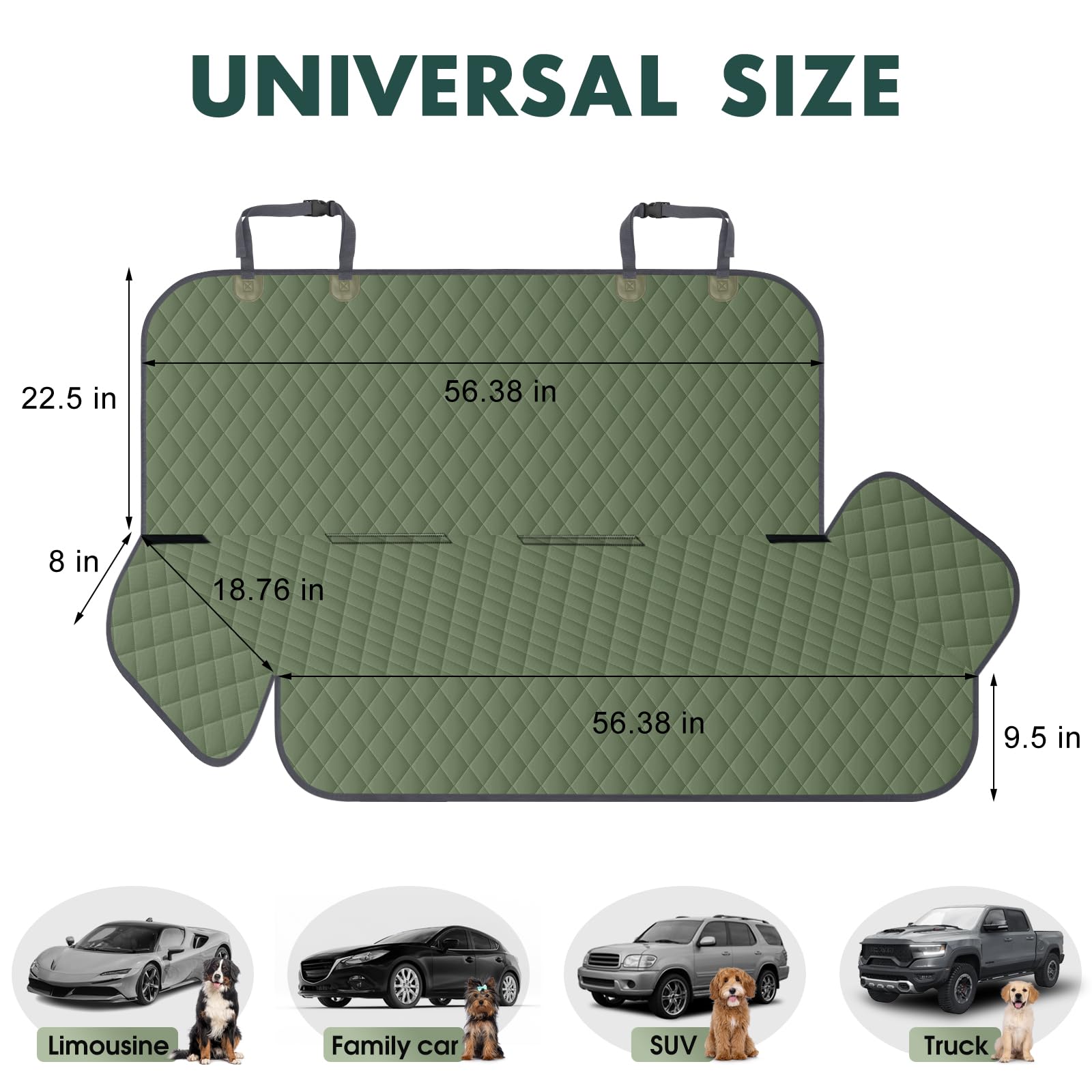 NECKORY backseat cover has anti-slip backing to keep dogs in place.