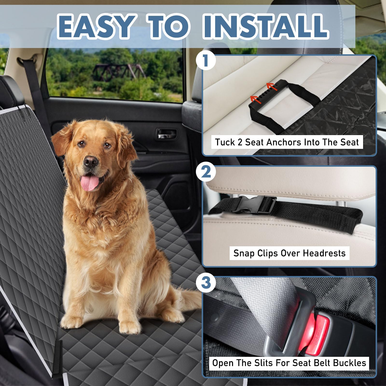 NECKORY backseat cover shows anti slip anchors preventing movement during driving