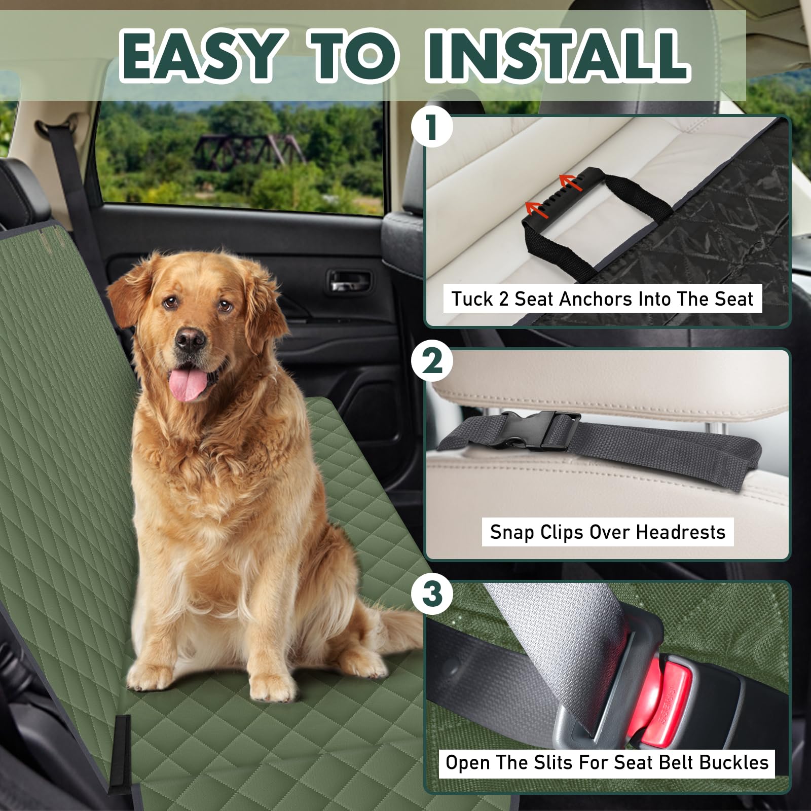 NECKORY backseat cover uses seat anchors to secure the fit.