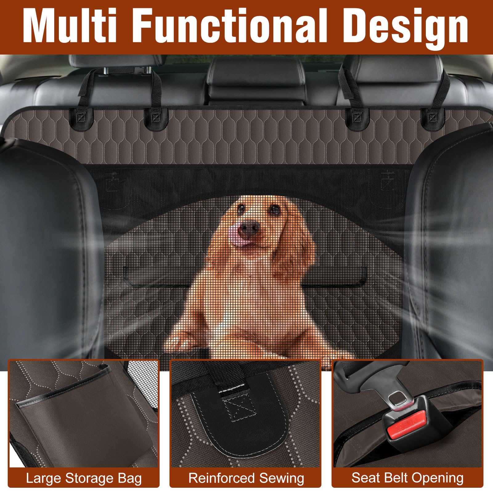 NECKORY dog seat cover storage pocket keeps toys and treats organized on road trips.