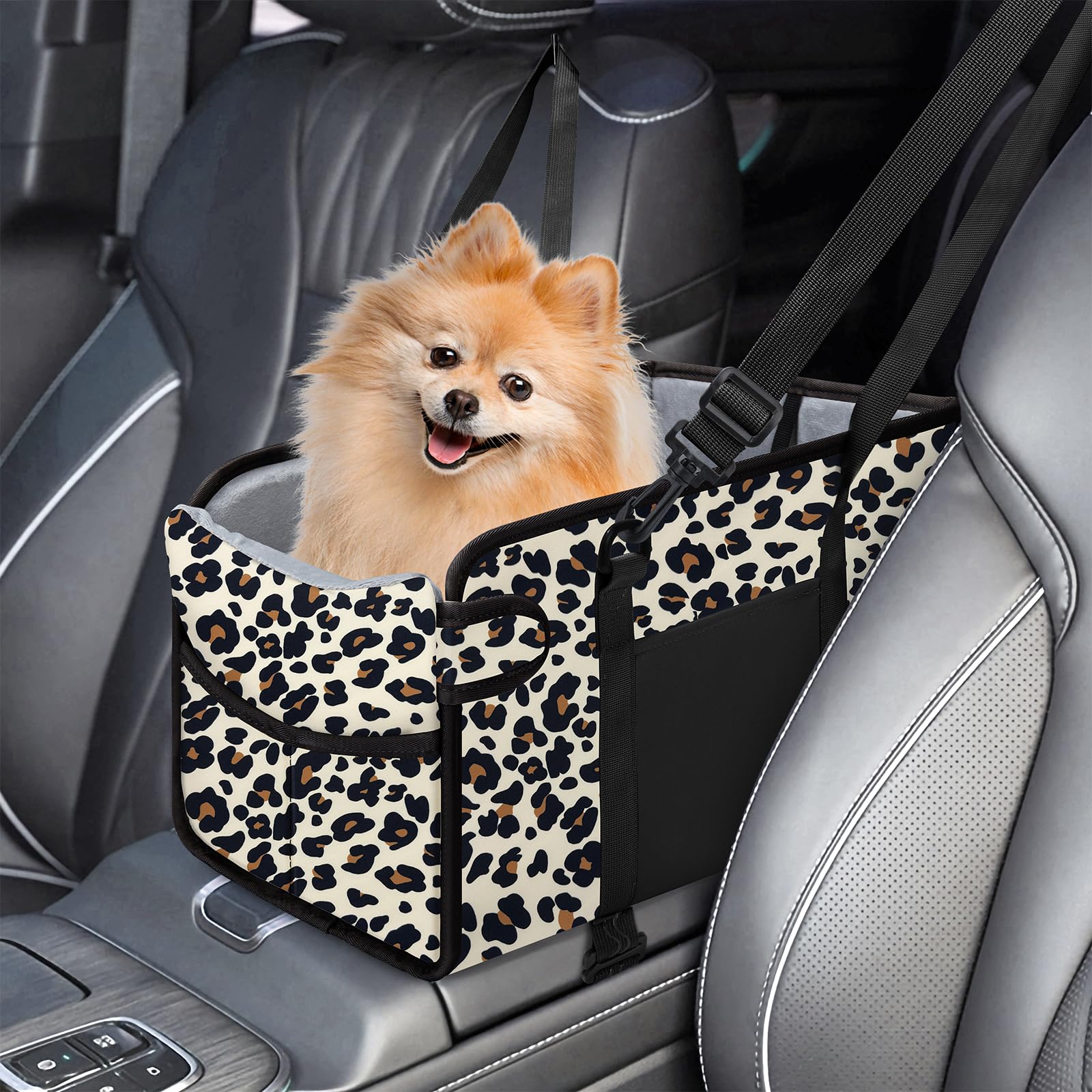 NECKORY portable dog car seat leopard front view keeps small dogs secure during car trips