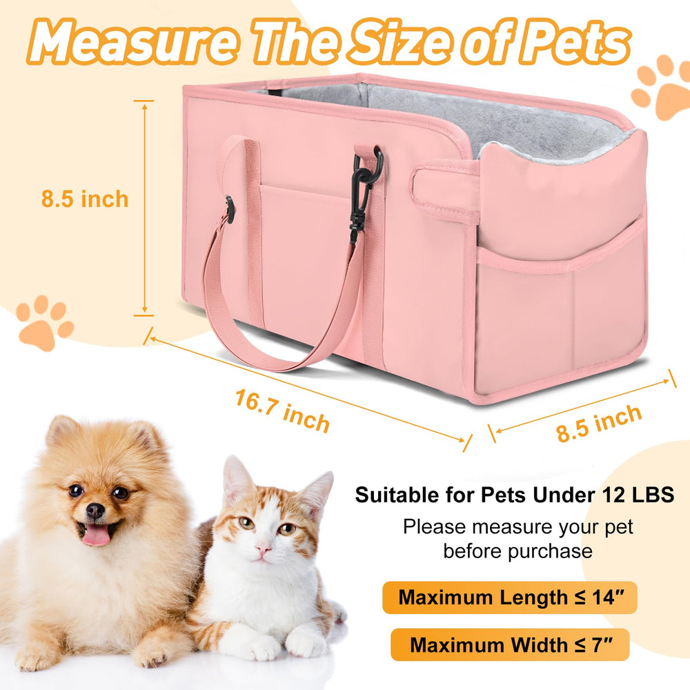 NECKORY dog car seat pink adjustable belt demonstrates secure attachment to console