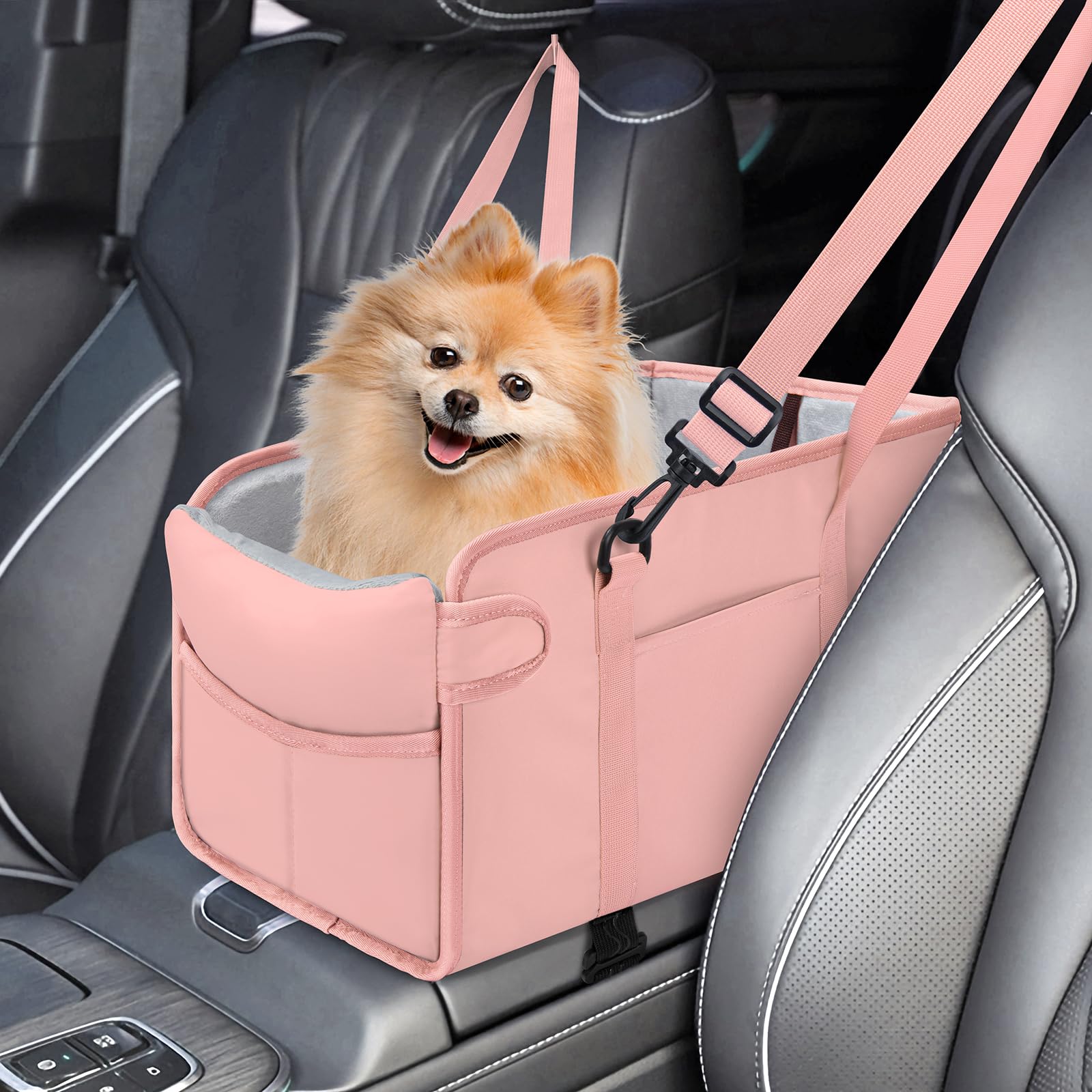 NECKORY portable dog car seat pink inside view with cozy cushion and secure harness option