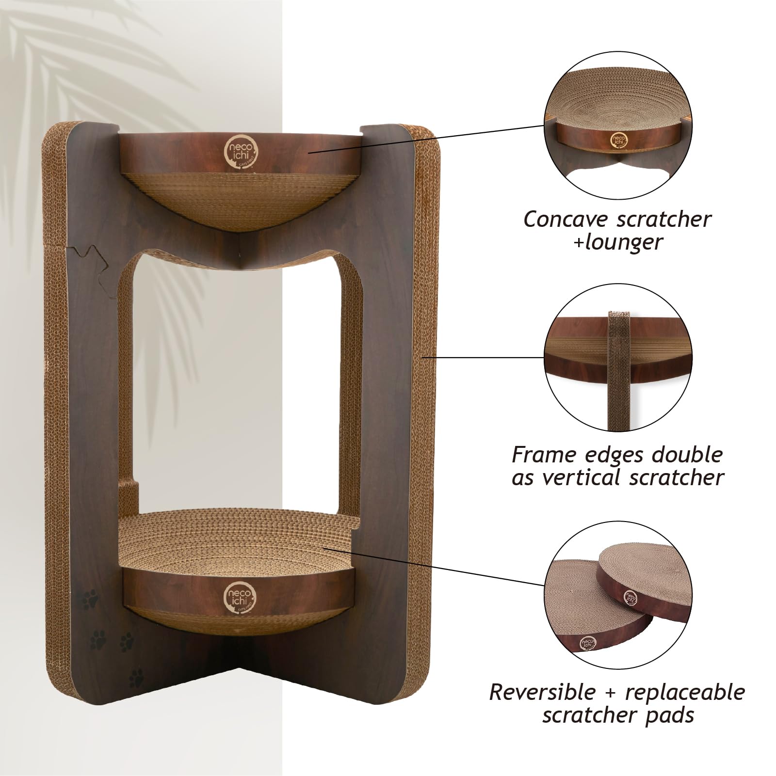 NECOICHI Cozy Cat Scratcher Tower cat-head silhouette adds modern style.