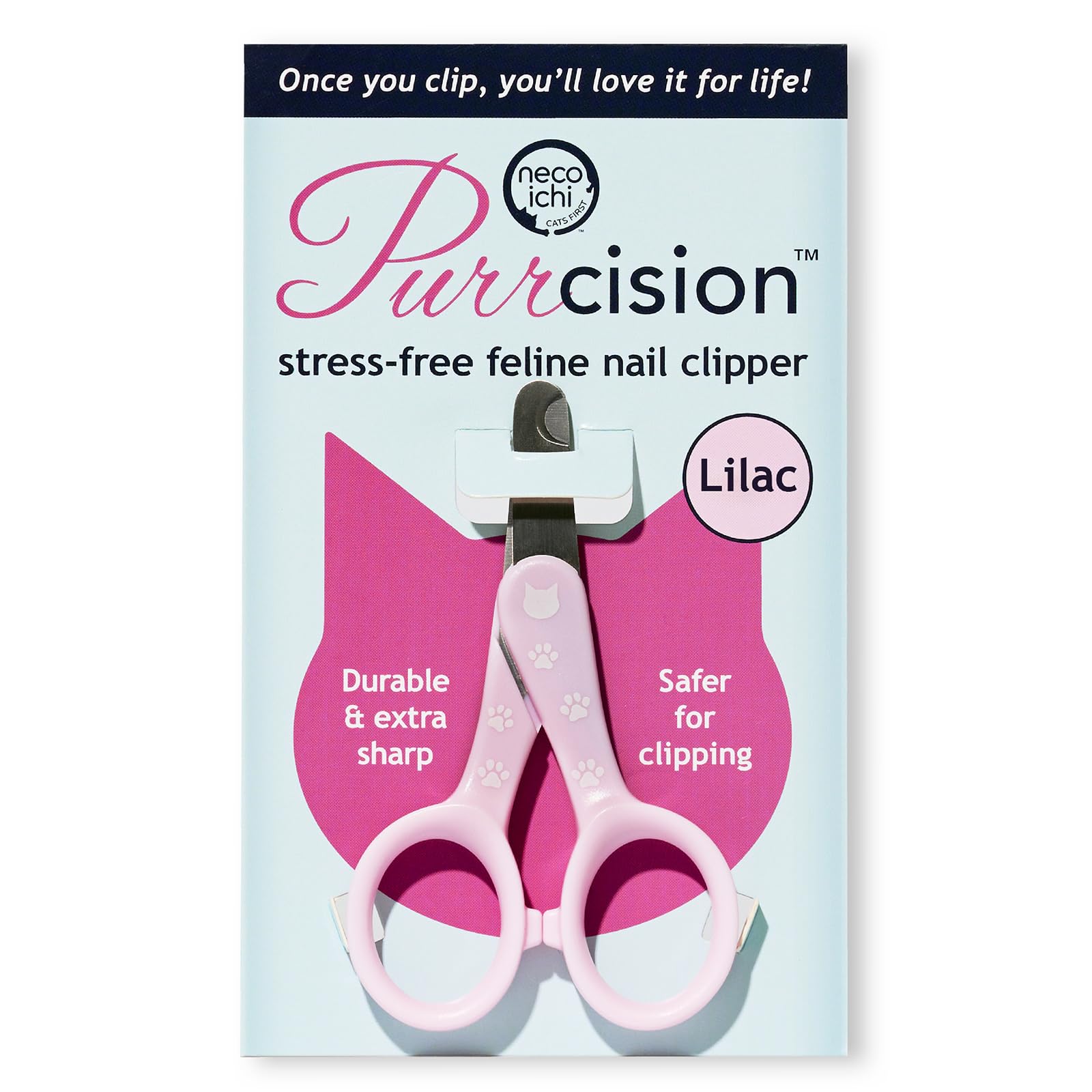 NECOICHI Purrcision nail clippers lilac grip closeup highlights precise control for safe trimming.