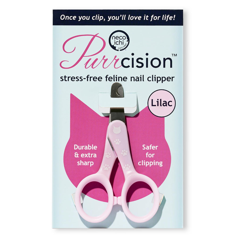 NECOICHI Purrcision nail clippers lilac grip closeup highlights precise control for safe trimming.
