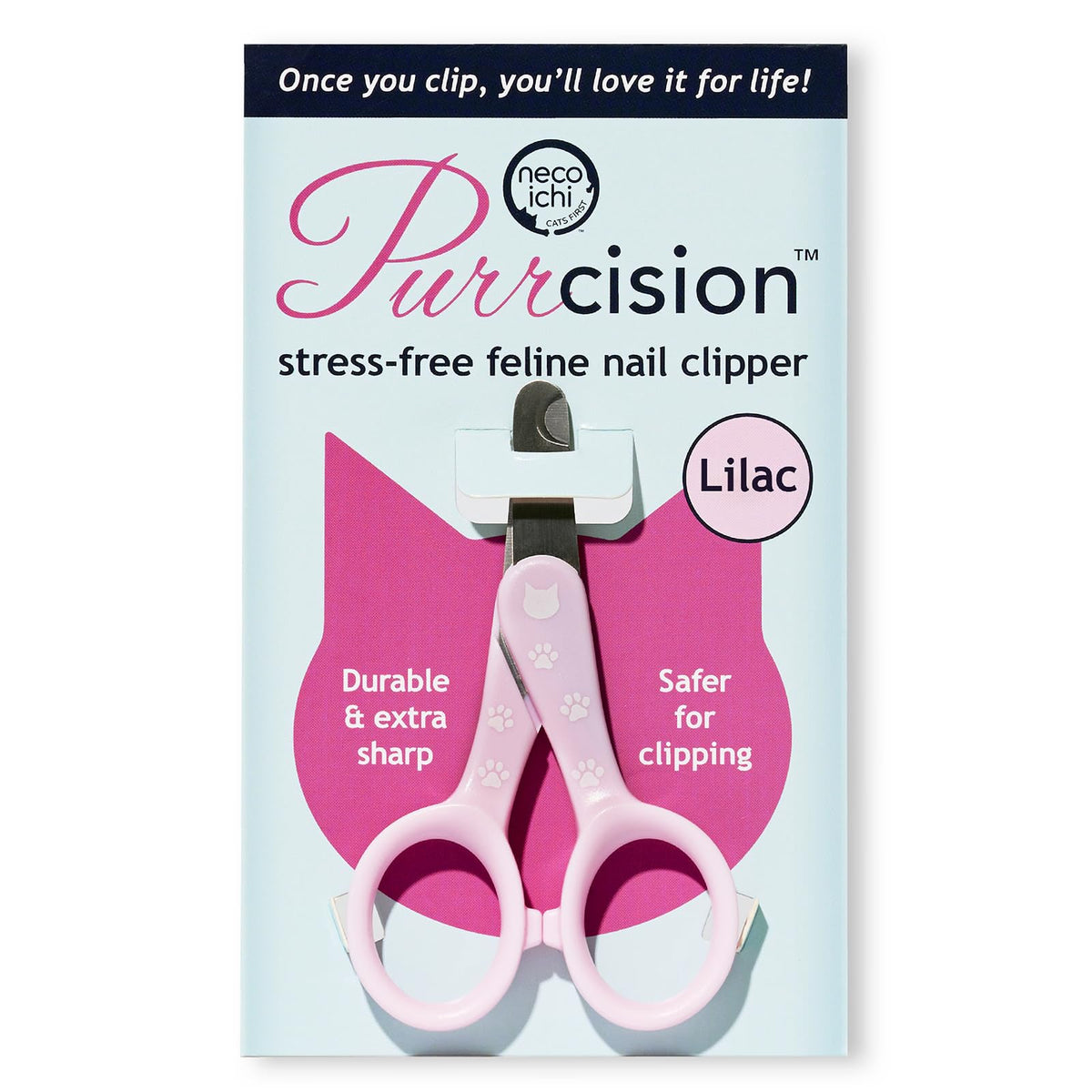 NECOICHI Purrcision nail clippers lilac grip closeup highlights precise control for safe trimming.