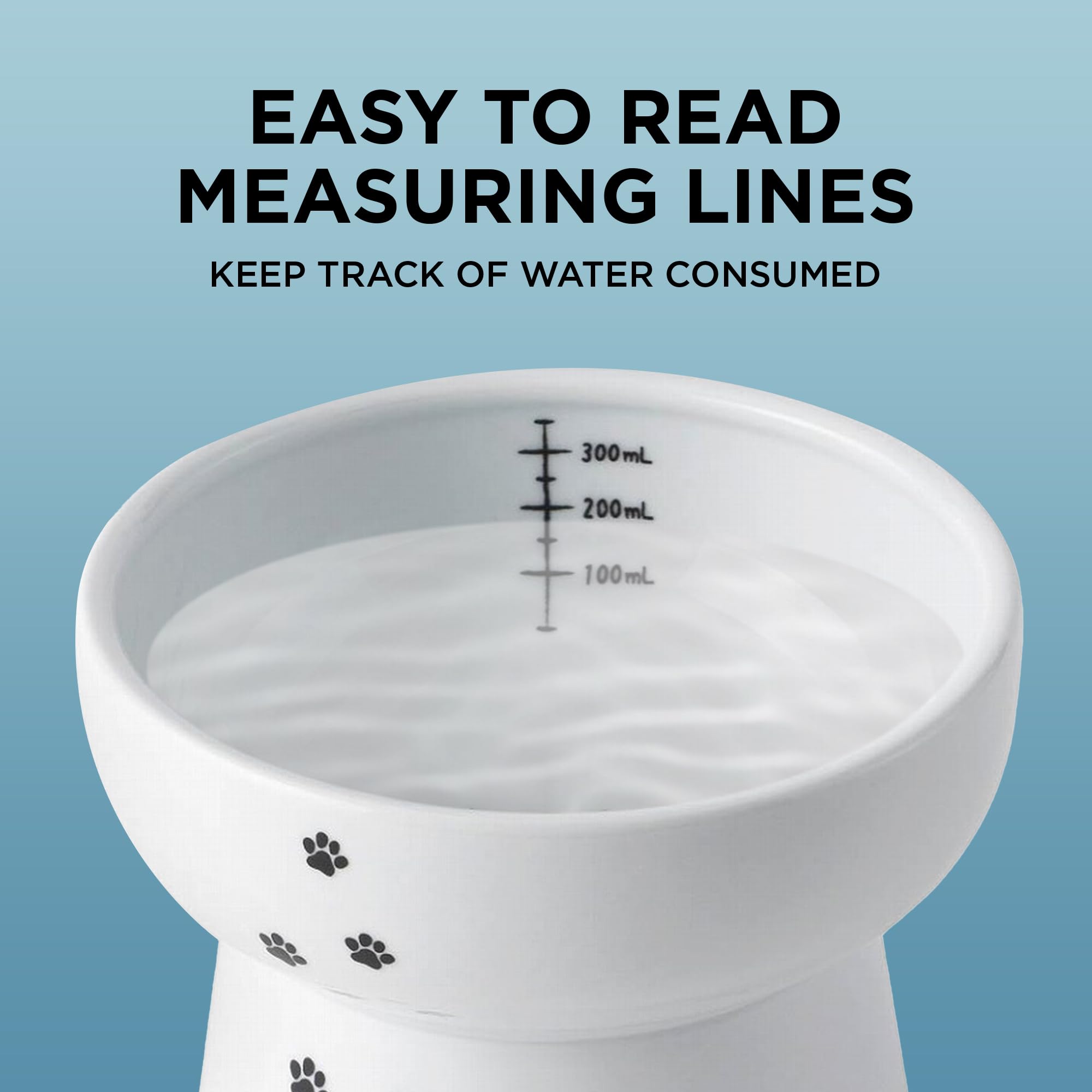 NECOICHI raised cat water bowl side view highlights measurement lines for precise refills
