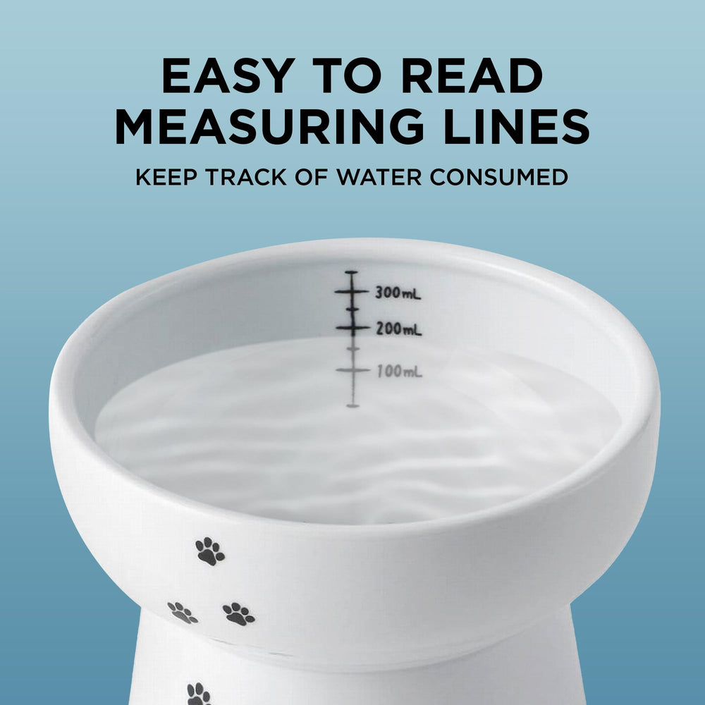 NECOICHI raised cat water bowl side view highlights measurement lines for precise refills