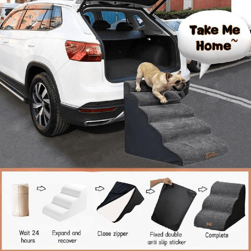 Necrely 5-Step Dog Stairs bed-edge-placement shows quick setup on bed or sofa.