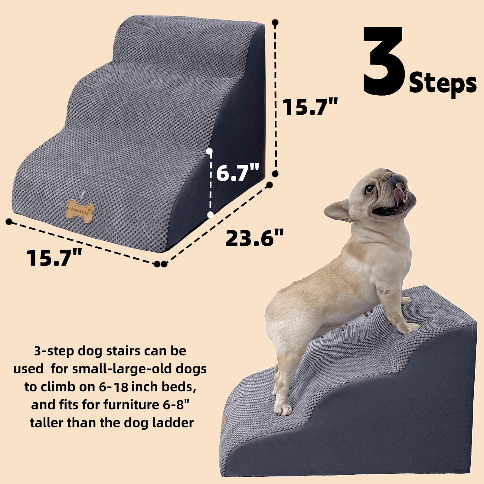 Necrely dog stairs 3-step side profile highlighting curved design easing joints.