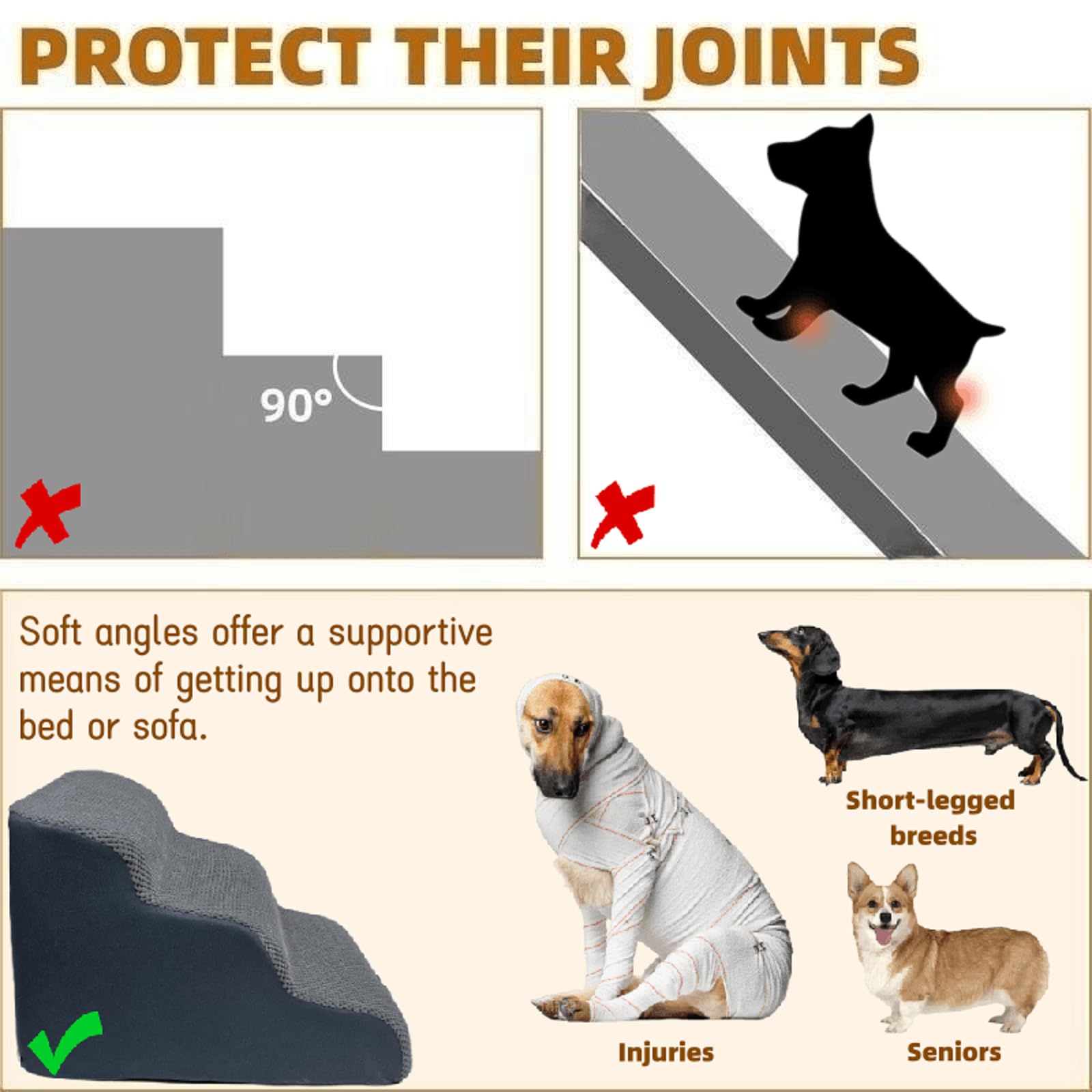 Necrely dog stairs anti-slip bottom design reduces slipping on various floors.