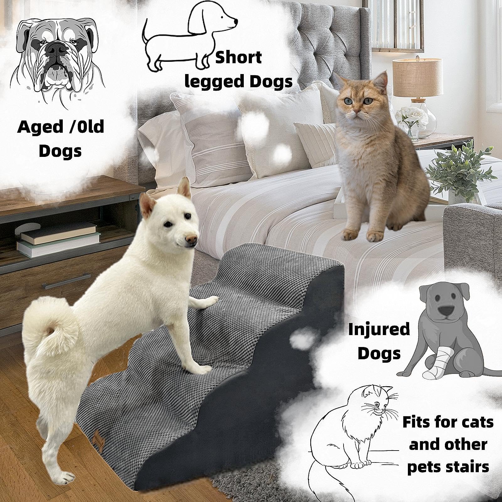 Necrely curved-design stairs reduce jump height for older pets