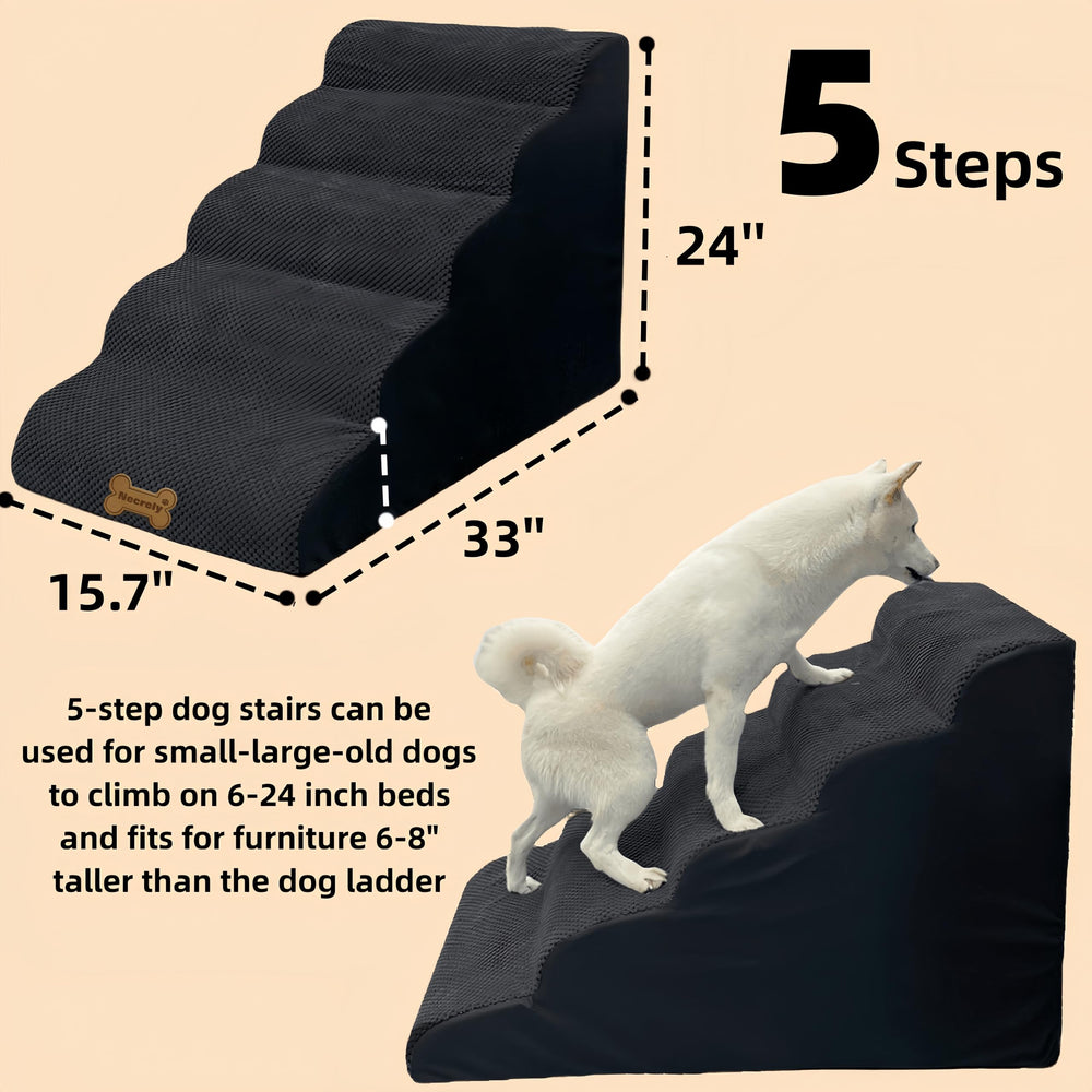 Necrely dog stairs five-step setup demonstrates height compatibility with tall furniture.