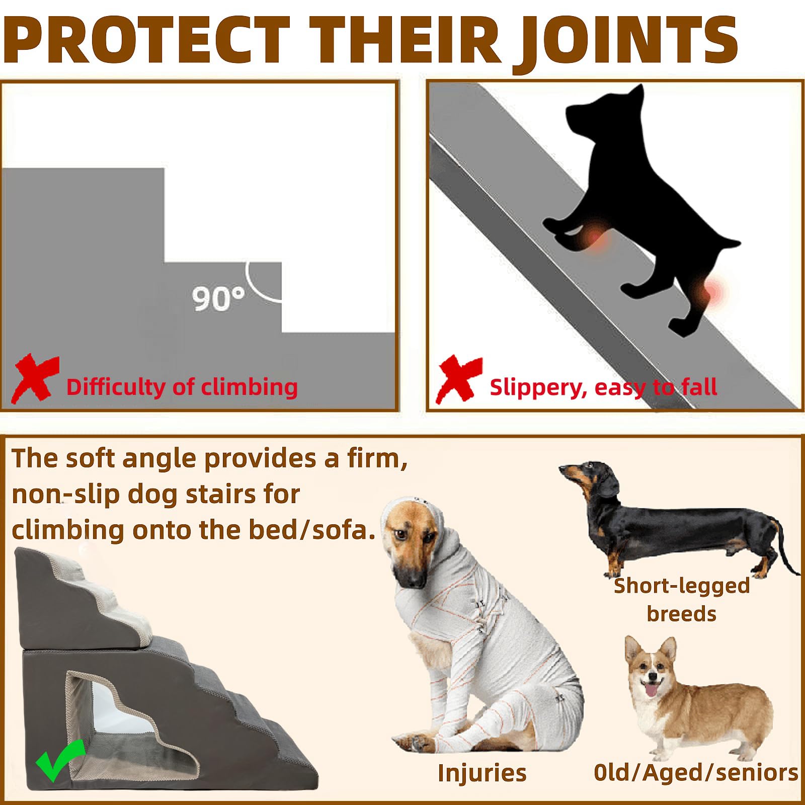 Necrely dog stairs foam-core 30D provides sturdy support for older pets
