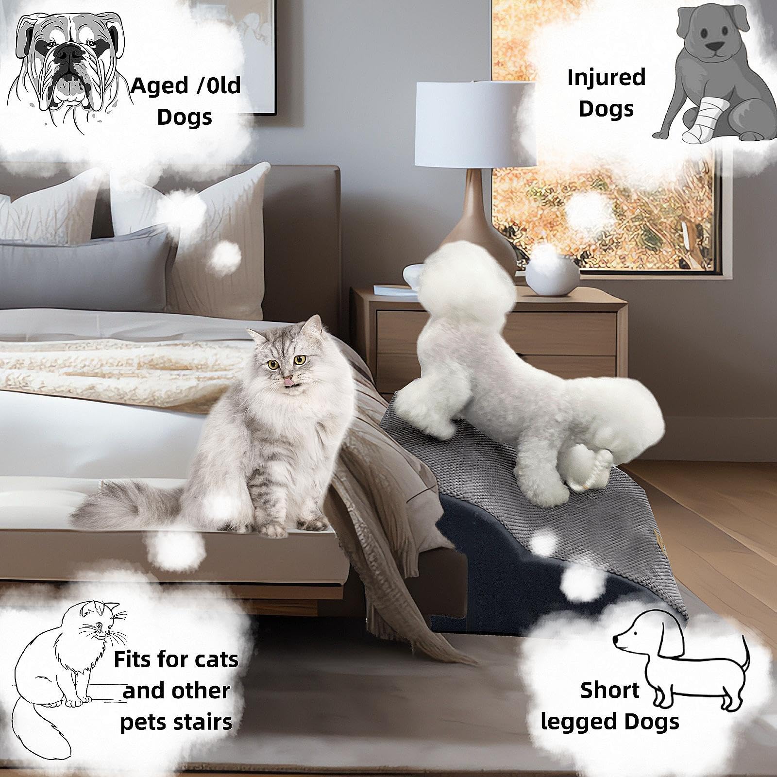 Necrely dog stairs grey 3-step ideal for high beds