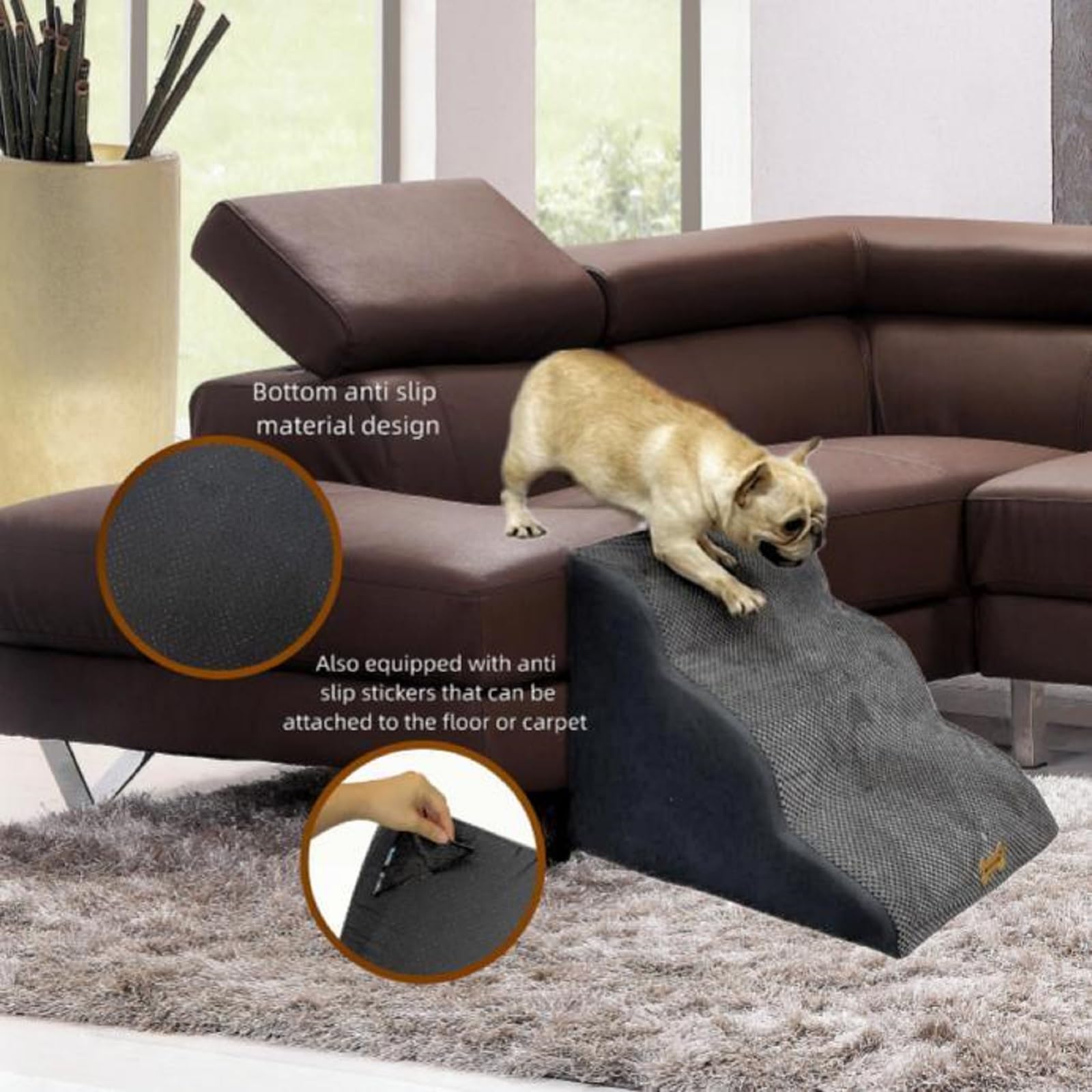 Necrely dog stairs on bed edge deployment shows easy climbing from couch.