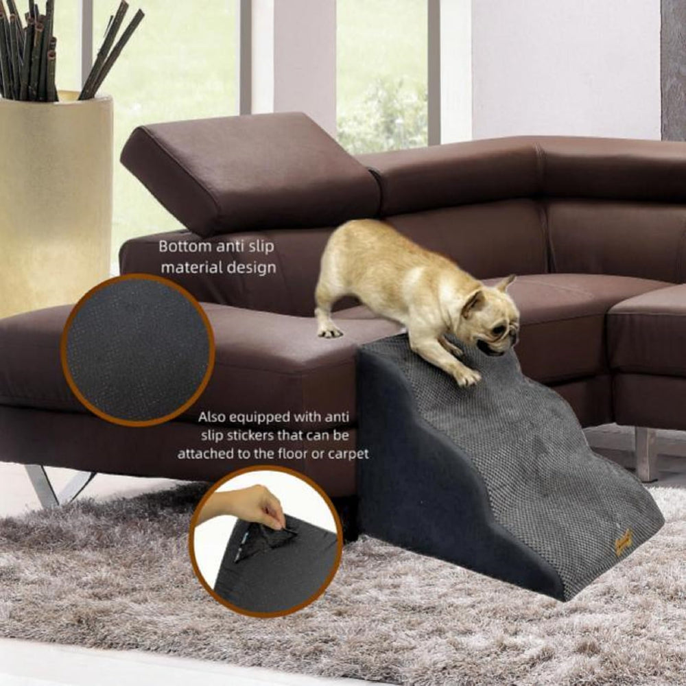 Necrely dog stairs on bed edge deployment shows easy climbing from couch.