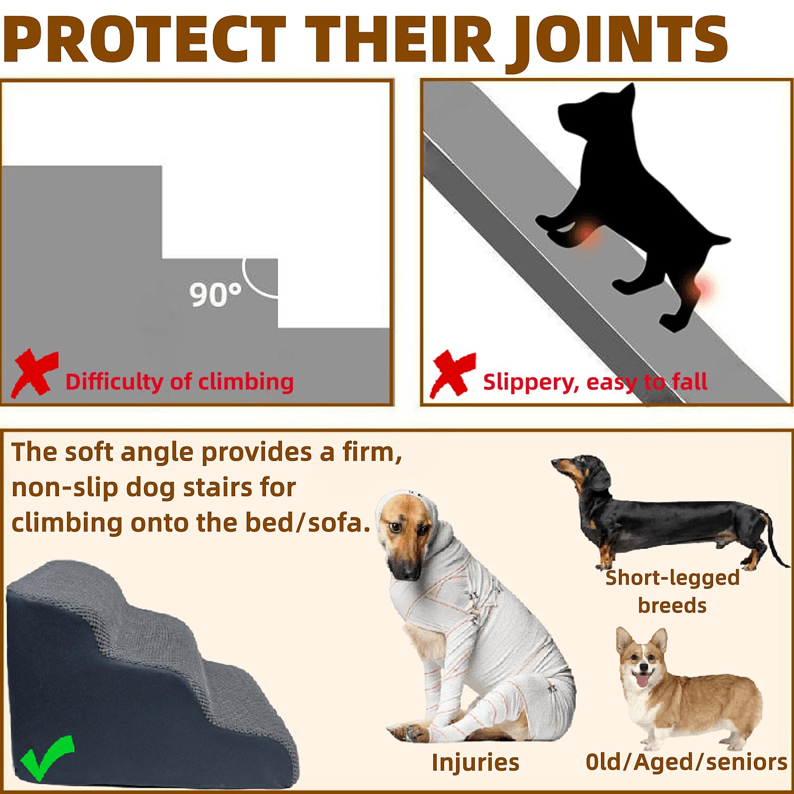 Necrely dog stairs side profile highlights curved 35° design for easier climbing