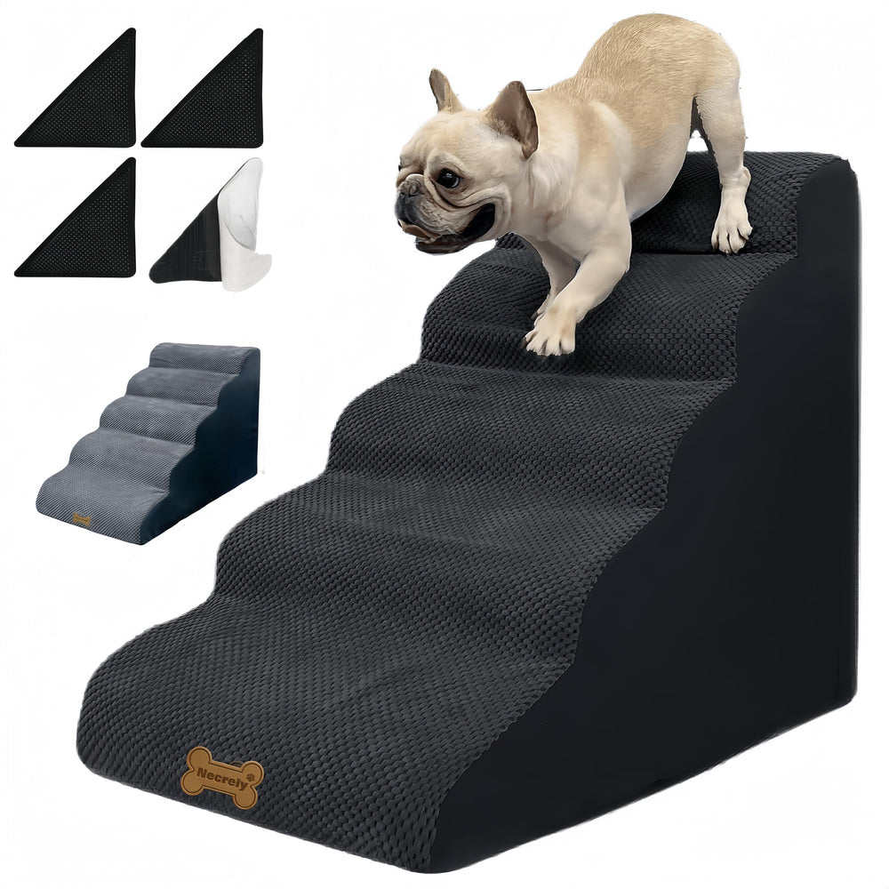 Necrely dog stairs side view on bed demonstrates stability for easy high-bed access.
