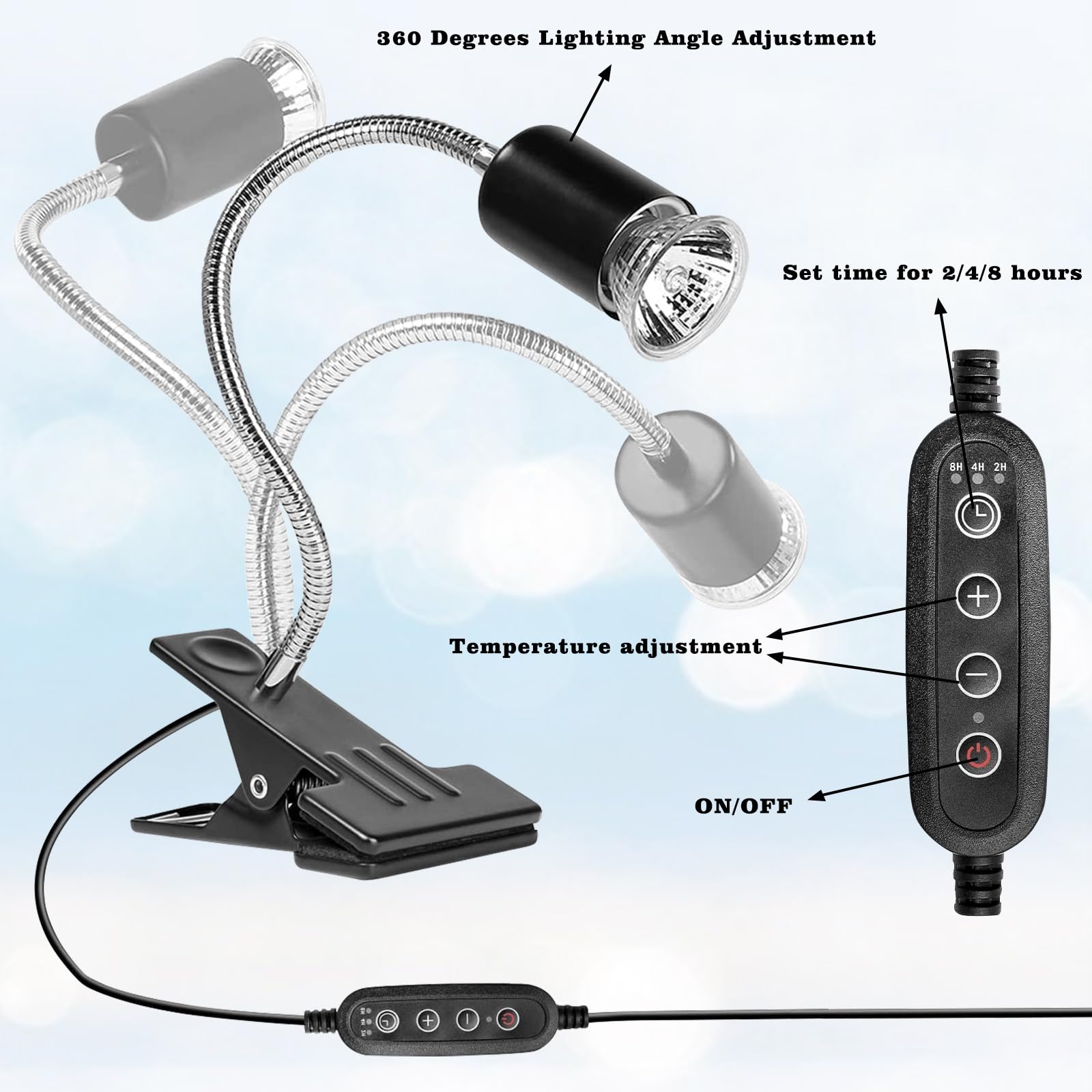 Neeenn Hermit Crab Heat Lamp 360-degree rotatable hose directs heat precisely.