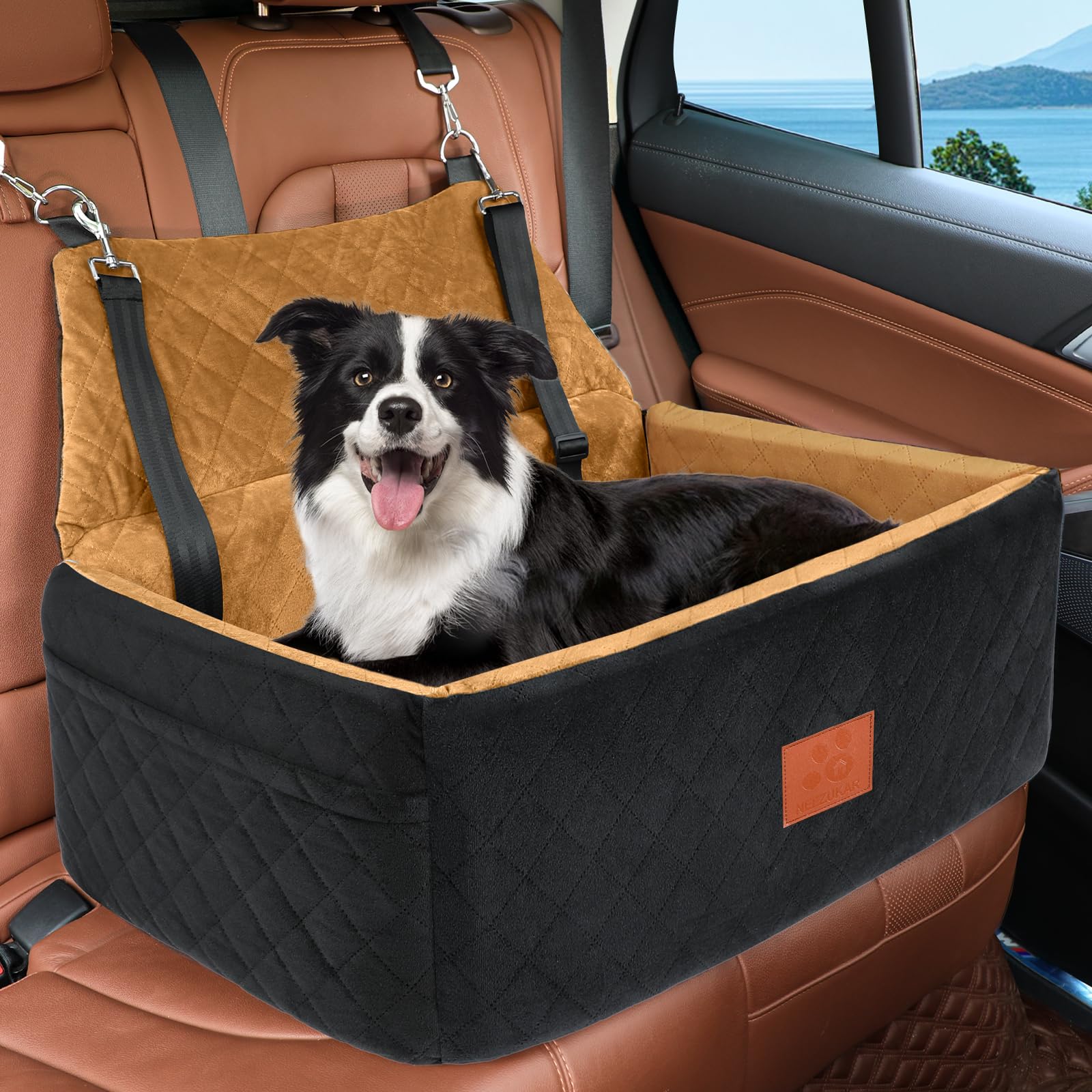 NEEZUKAR dog car seat back view fits dogs up to 55 lbs, boosting comfort on car trips