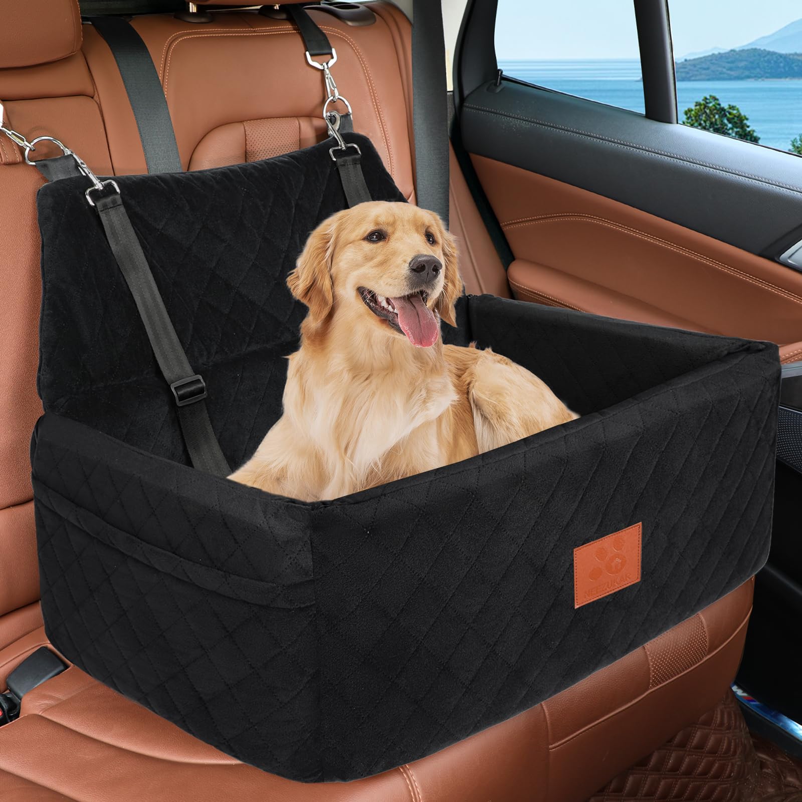 NEEZUKAR dog car seat large-size booster offers secure, comfortable rides for bigger dogs.