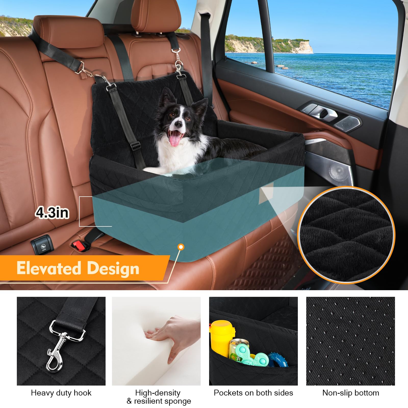 NEEZUKAR dog car seat-soft cushion minimizes bumps during road trips.