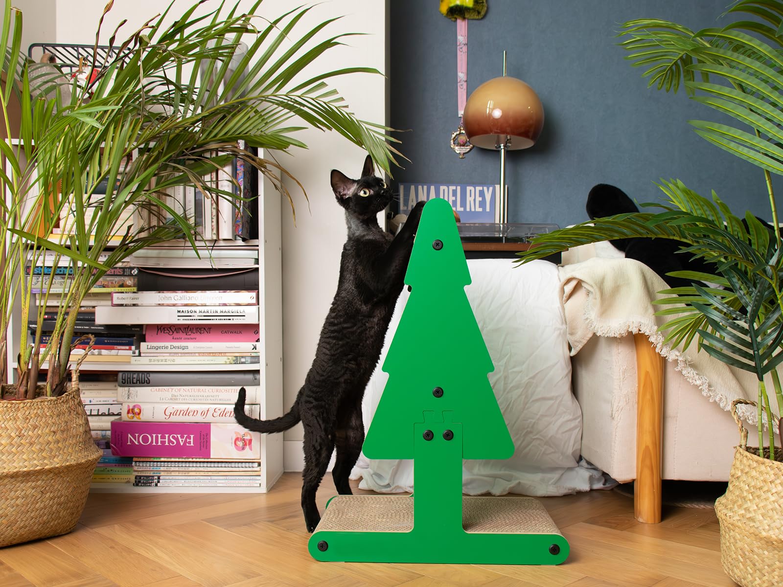 Nekosan Christmas Cat Scratcher in-living-room placement shows festive decor with cat-friendly scratching.