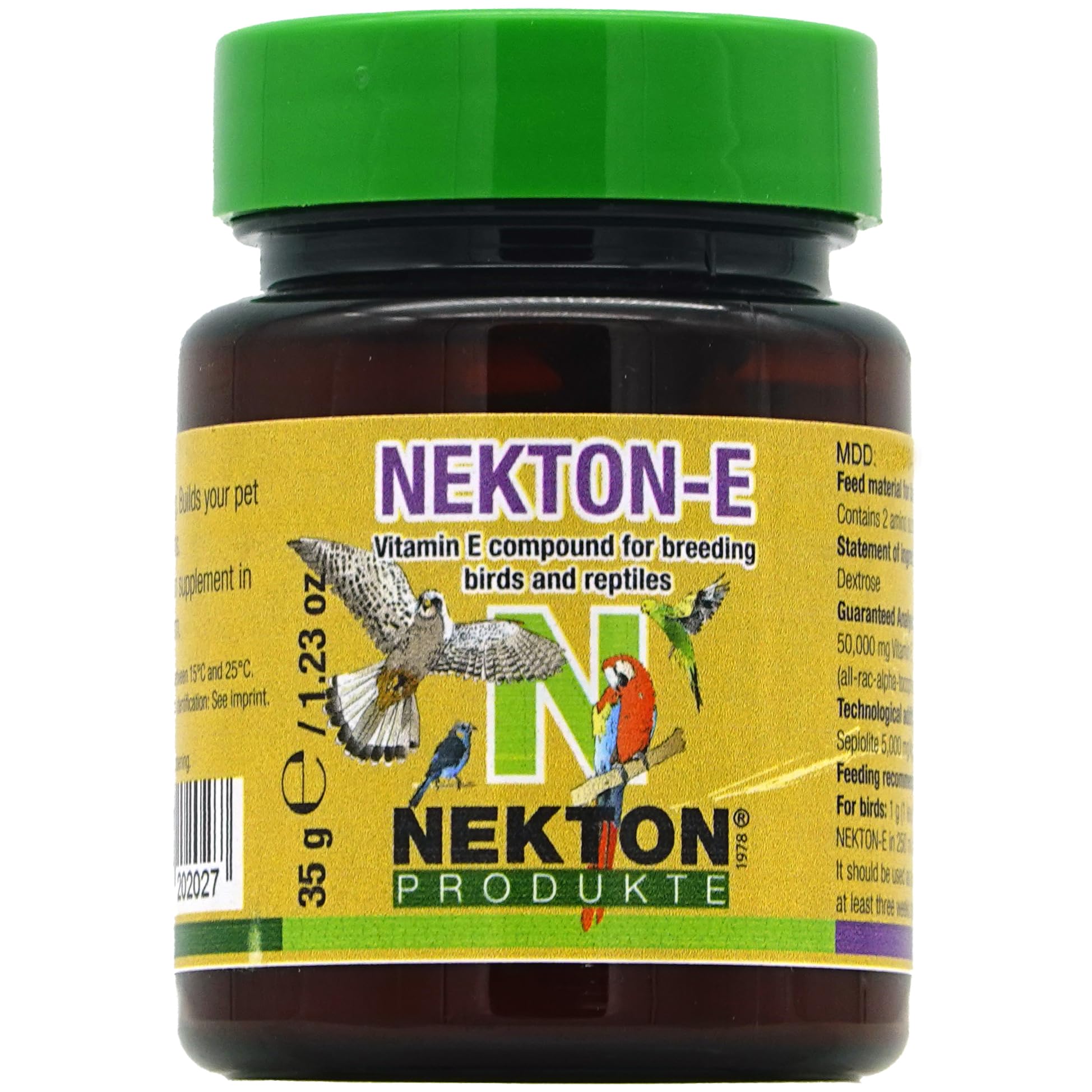 Nekton-E Vitamin E bird bottle front, compact 35g packaging for bird health.