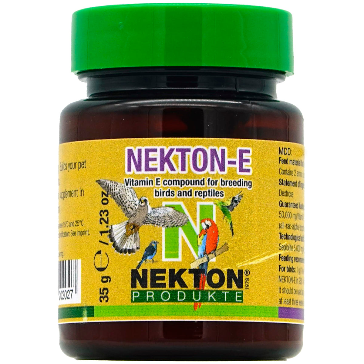 Nekton-E Vitamin E bird bottle front, compact 35g packaging for bird health.