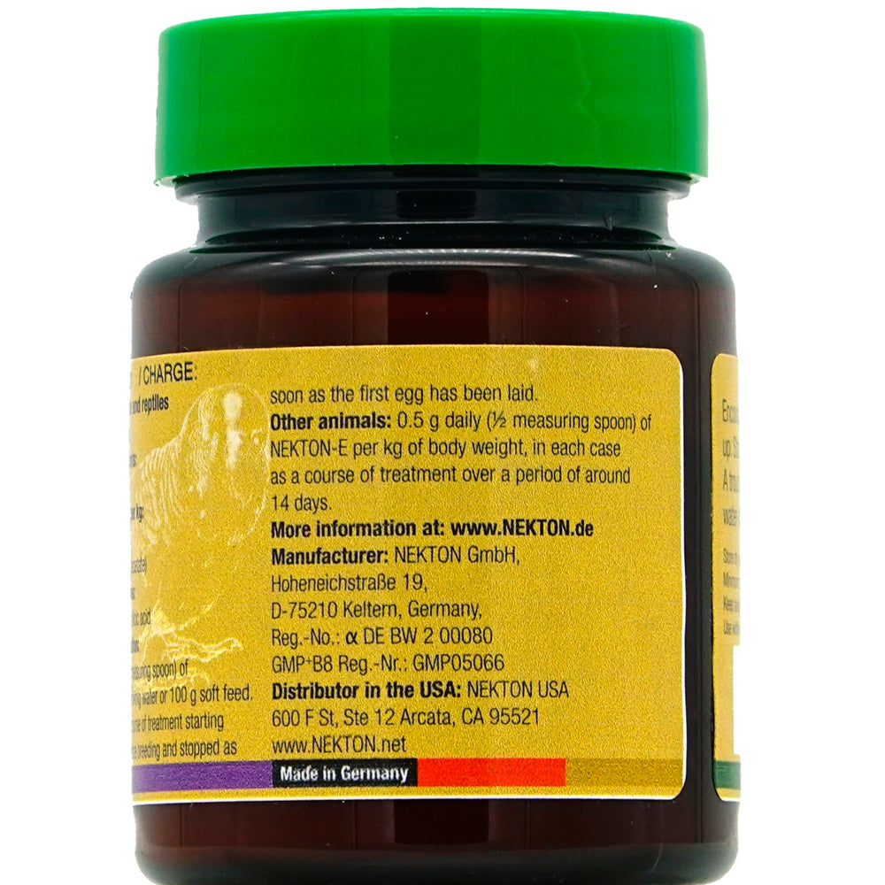 Nekton-E powder bottle close-up, versatile supplement for birds and other pets.